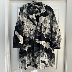 Usindo VTG 100% Cotton Lagenlook One Button Jacket Black And Cream Birds One Sz